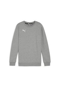 Grijze sweatshirt van een katoenmix. Heeft een ronde hals, lange mouwen, geribbelde boorden en een wit logo op de borst.