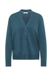 Cardigan teal avec un col en V, des boutons sur le devant et des manches longues. Fabriqué en matériau tricoté doux avec une texture lisse et des poignets côtelés.
