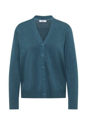 Cardigan teal avec un col en V, des boutons sur le devant et des manches longues. Fabriqué en matériau tricoté doux avec une texture lisse et des poignets côtelés.