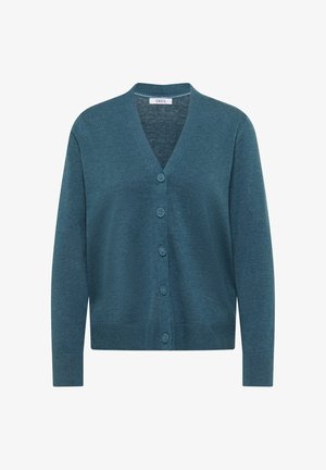 Teal cardigan with a V-neck, front buttons, and long sleeves. Made of soft knit material with a smooth texture and ribbed cuffs.