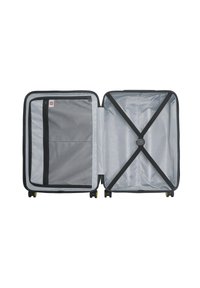 Gray luggage with a hard shell. Inside features a mesh zip compartment and cross straps. Smooth lining, four yellow wheels for mobility.