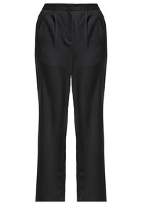 Pantalon noir avec une finition lisse, devant plissé, taille avec ceinture, et poches latérales. Silhouette fuselée au design épuré et minimaliste.