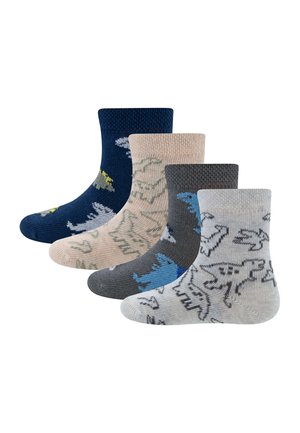 Vier Paar Knöchelsocken in Marineblau, Beige, Anthrazit und Hellgrau, jeweils mit Dinosauriermustern in kontrastierenden Farben.