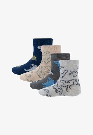 Four pairs of ankle socks in navy, beige, charcoal, and light gray, each with dinosaur patterns in contrasting colors.