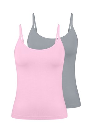 Dwa topy na ramiączkach w kolorze różowym i szarym. Wykonane z miękkiej, elastycznej tkaniny z cienkimi, regulowanymi ramiączkami. Prosty, dopasowany fason, bez wzorów.