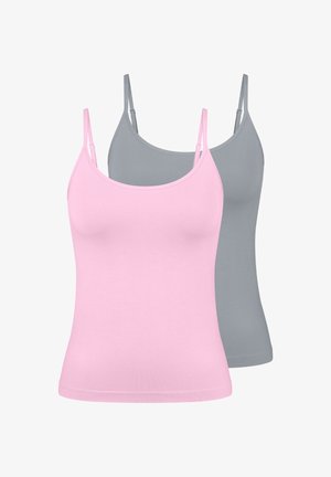 Deux hauts camisole en rose et gris. Fabriqués en tissu doux et extensible avec de fines bretelles réglables. Design simple et ajusté, sans motifs.