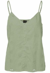 Ljusgrön ärmlös topp med V-ringning, prydd med blommönster broderier och fem knappar nedtill i mitten. Mjuk tygtextur.