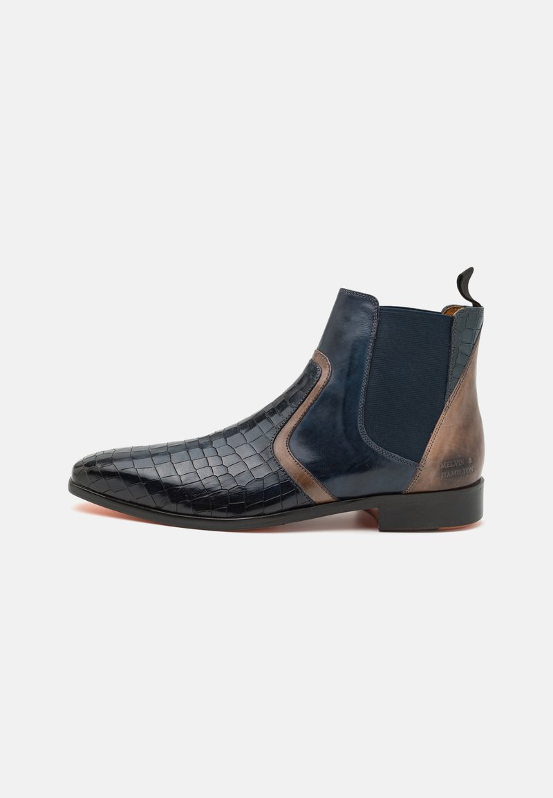 Botină din piele, de culoare bleumarin, cu un model texturat de crocodil, panouri laterale elastice, accente din piele maro și o talpă din cauciuc negru.