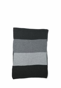 Couverture en tricot avec des rayures horizontales en gris foncé, gris moyen et gris clair. Texture douce avec une forme rectangulaire. Pas de matériel visible.