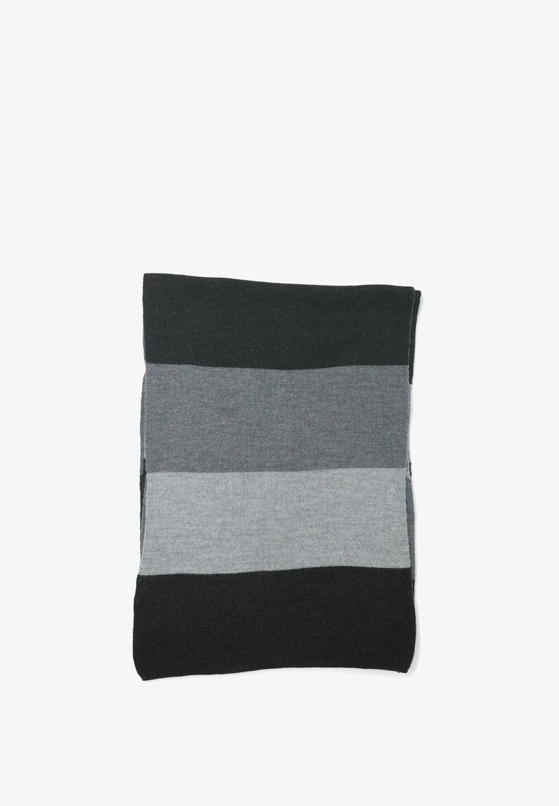 Gehaakte deken met horizontale strepen in donkergrijs, middengrijs en lichtgrijs. Zachte textuur met een rechthoekige vorm. Geen zichtbare hardware.