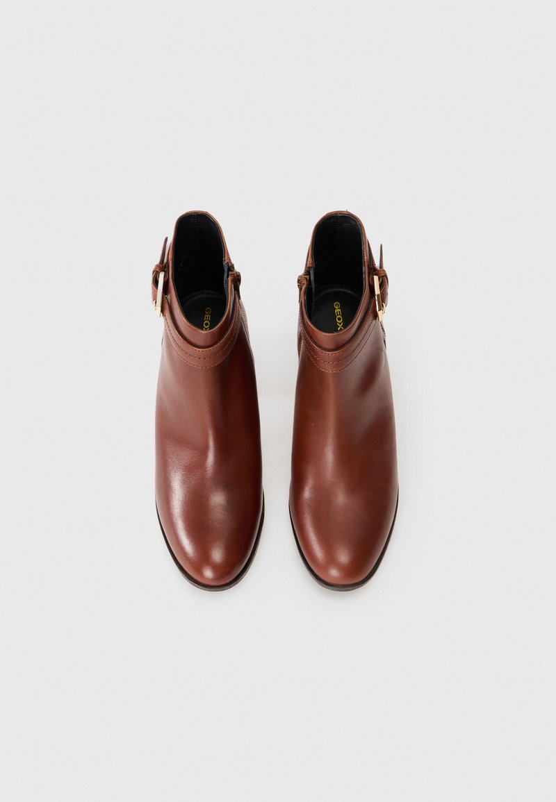 Bottines en cuir marron avec une finition lisse, bout pointu et accent de boucle en or sur le côté. Intérieur noir et semelle en caoutchouc.