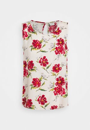 Ærmeløs cremefarvet bluse med rød og pink blomstermønster og små hvide blomster, rund hals med nøglehulsknaplukning bagpå.
