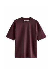 Bordeaux kortærmet t-shirt lavet af blødt stof, med rund hals, afslappet pasform og uden synlige mønstre eller udsmykning.