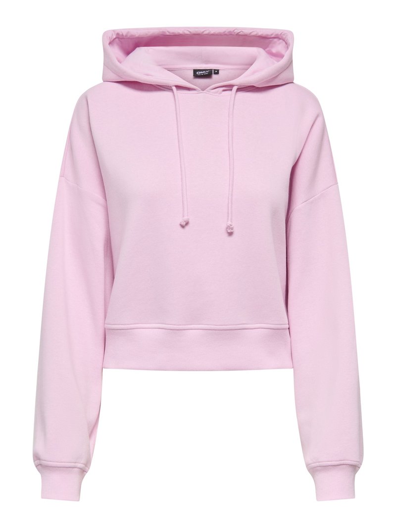 Sweat à capuche court rose clair avec manches longues, capuche à cordon et poignets et ourlet côtelés, présenté sur fond blanc.