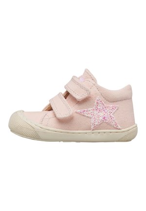 Chaussure pour tout-petit rose clair avec semelle en caoutchouc, deux bandes Velcro et une étoile rose scintillante sur le côté.