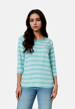 Light blue striped long-sleeve shirt with a round neckline. Soft fabric, three-quarter sleeves, and a small logo detail on the chest.
