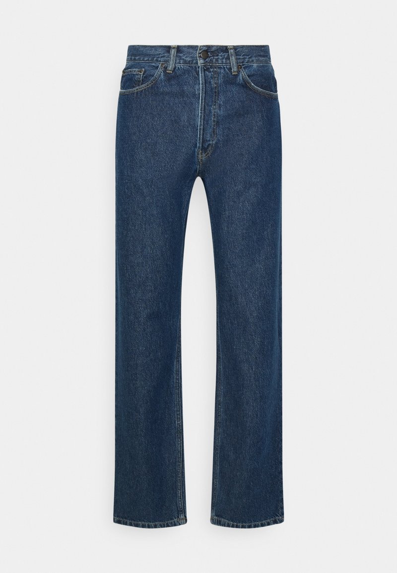 Dunkelblaue Jeans mit gerade geschnittenem Bein, Vorderknopf- und Reißverschluss, Gürtelschlaufen und Fünf-Taschen-Design.