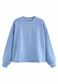 Felpa azzurro chiaro, in misto cotone, con scollo rotondo, maniche raglan e testo "Beverly Hills" in rilievo sul davanti. Tessitura liscia.