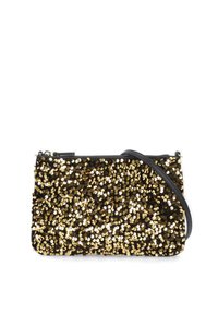 Borsa a tracolla nera rivestita di paillettes dorate. Presenta una chiusura con zip e una tracolla staccabile, con un profilo in pelle liscia.