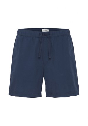 Navy blue shorts made of textured fabric with an elastic waistband and drawstring. Features a simple design without pockets.