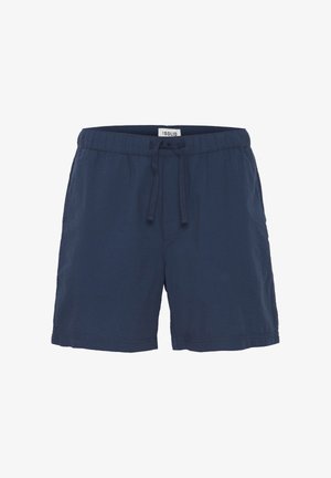 Navy blue shorts made of textured fabric with an elastic waistband and drawstring. Features a simple design without pockets.
