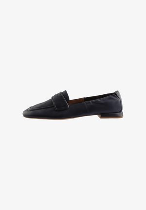 Black leather loafers with a rounded toe, stitched detailing, and a slight heel. Features a fitted upper and flat sole for comfort.