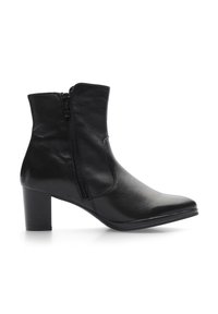 Bottine noire en cuir à talon moyen, avec une fermeture éclair latérale et un bout pointu, finition lisse, présentée sur un fond blanc.