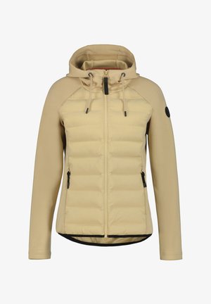 Verstevigde lichte beige jas met capuchon, contrasterende mouwen, ritszakken en zwarte hardware accenten. Gladde textuur met een doorgestikt ontwerp.