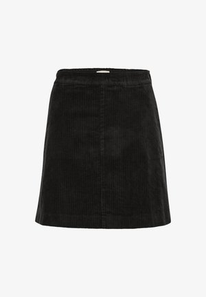 Juodas kordūro mini sijonas su tekstūruotu paviršiumi, su paprastu liemeniu ir tiesiu siluetu, pasižymintis klasikiniu ir universaliu dizainu.