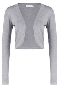 Grå beskuren cardigan i mjukt stickat tyg, med långa ärmar, v-ringad design och öppet fram med rundade kanter.