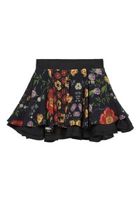 Jupe à motif floral sur fond noir, présentant des couleurs vives telles que le rouge, l'orange et le violet. Modèle plissé avec ourlet à volants.