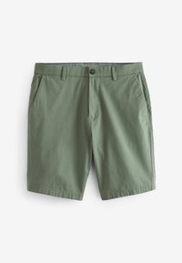 Grüne Baumwollshorts mit glatter Textur, ausgestattet mit Fronttaschen, einem Knopfverschluss und einem klassischen geraden Schnitt.