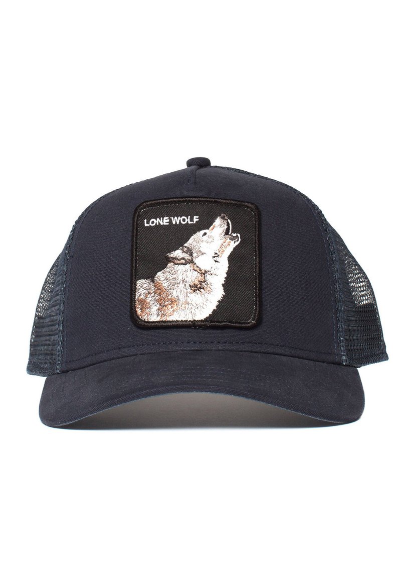 Gorra azul marino con parte trasera de malla, que presenta un parche bordado rectangular de un lobo aullador y el texto "LONE WOLF" encima.