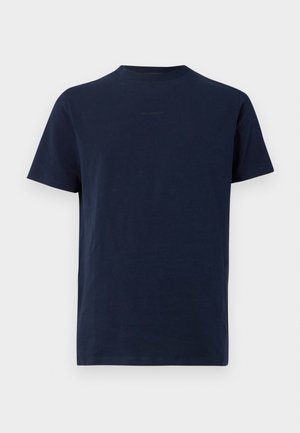 Navyblaue Baumwoll-T-Shirt mit Rundhalsausschnitt, kurzen Ärmeln und dezenten Logo-Details auf der Vorderseite, glatte Textur und normale Passform.