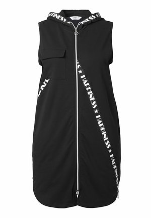 Black sleeveless dress with a hood, front zip, and a chest pocket. Features a diagonal "HAPPINESS" graphic strap accent. Smooth texture.