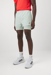 Gaiši piparmētru zaļi sporta šorti ar iebūtiem šortiem apakšā, ar pelēku Adidas logotipu. Uzvilkti kopā ar baltiem zeķēm un apaviem.