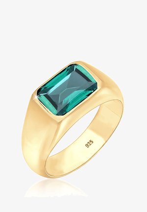 Anello d'oro con una pietra rettangolare di turchese sfaccettata e una banda liscia. Marcato "925" all'interno, indicando il contenuto di argento.