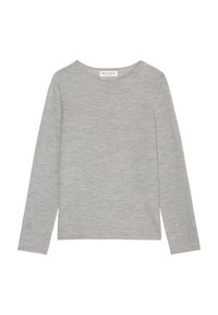 Chemise à manches longues grise en tissu doux et texturé. Présente un col rond et un petit logo brodé sur la manche gauche.