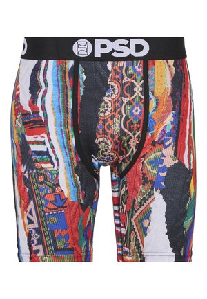 Men's PSD boxer briefs featuring a multicolored abstract pattern with red, blue, and black tones, crafted from stretchy fabric and a black logo waistband.