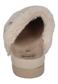 Pantofole beige senza lacci con una parte superiore morbida e testurizzata e una soletta imbottita. Presentano una forma liscia e arrotondata e una suola piatta e resistente.