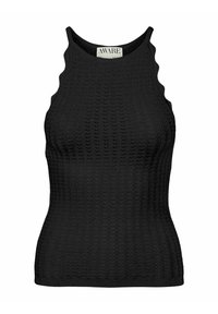 Top senza maniche di colore nero con un design a maglia testurizzata, caratterizzato da un collo a giorno ondulato e una silhouette aderente per un aspetto slanciato.