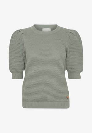 Strickpullover in Hellgrün mit kurzen Puffärmeln, gerippten Bündchen und Saum, mit einem kleinen Holzlogo-Detail auf der unteren rechten Seite.