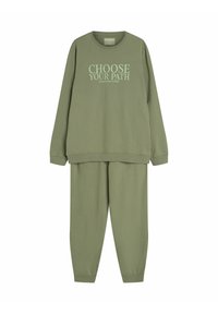 Olive green sweatshirt and pants set. Sweatshirt features "CHOOSE YOUR PATH" text. Soft material, relaxed fit, elastic cuffs on pants.
