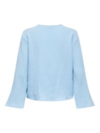 Haut à manches longues bleu clair texturé avec un col rond et des poignets légèrement évasés, présenté de dos.