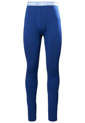 Niebieskie legginsy termiczne o teksturowanej tkaninie, z białym pasem z napisem "HELLY HANSEN". Dopasowany krój i pełna długość.