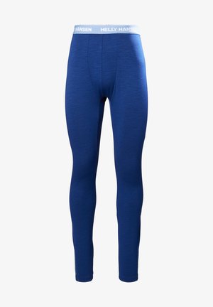 Blue thermal leggings with a textured fabric, featuring a white waistband labeled "HELLY HANSEN." Slim-fit design and full-length cut.