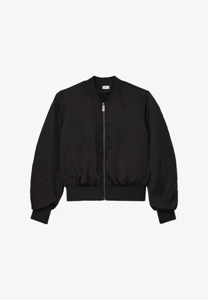 Zwarte bomberjack met ritssluiting, ribgebreide hals en boorden. Gemaakt van een soepel materiaal met zijzakken en een relaxte pasvorm.