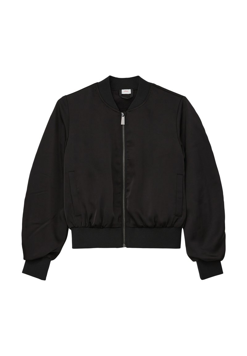 Schwarze Bomberjacke mit Reißverschluss, geripptem Kragen und Bündchen. Hergestellt aus glattem Stoff mit seitlichen Taschen und einem lässigen Schnitt.