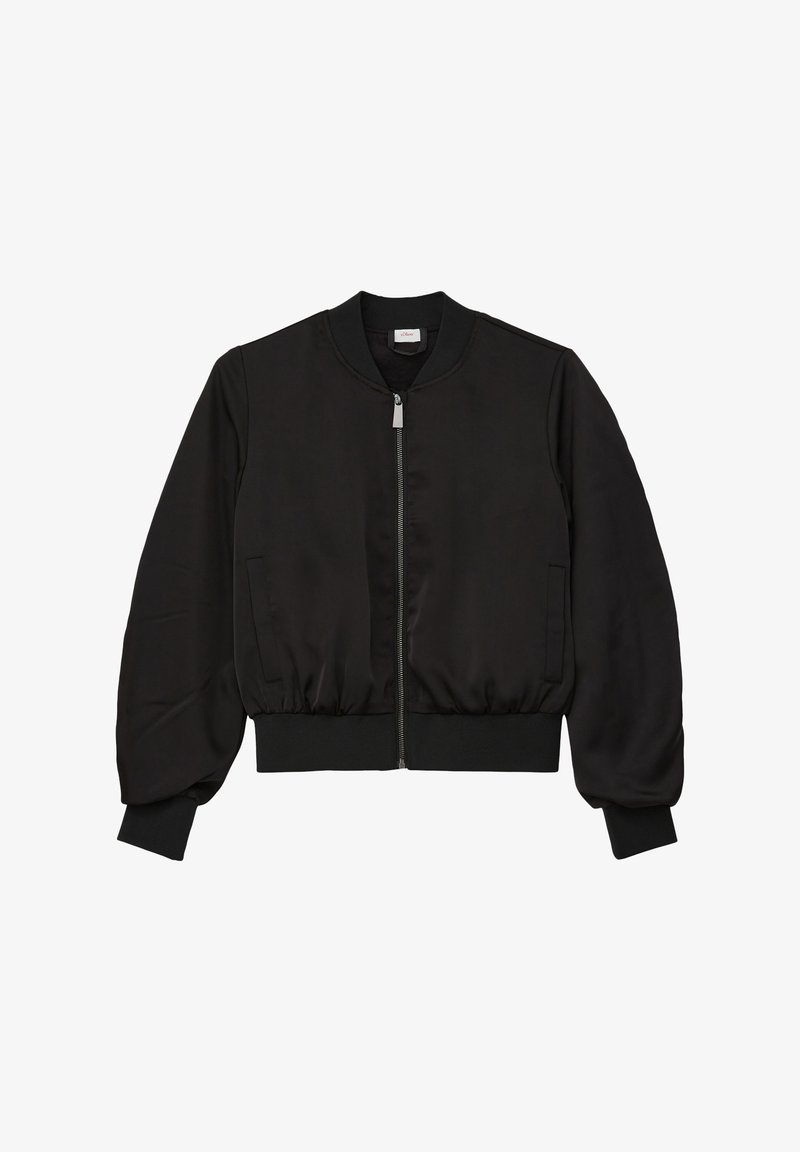 Schwarze Bomberjacke mit Reißverschluss, geripptem Kragen und Bündchen. Hergestellt aus glattem Stoff mit seitlichen Taschen und einem lässigen Schnitt.