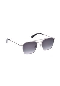 Lunettes de soleil à monture métallique avec verres carrés dégradés foncés et branches fines noires, photographiées sur fond blanc.